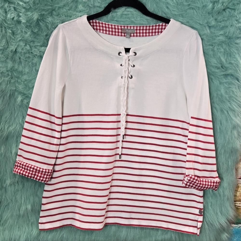 Talbots Red And White Striped Front Tie Half Sleeve Top Size Mp
